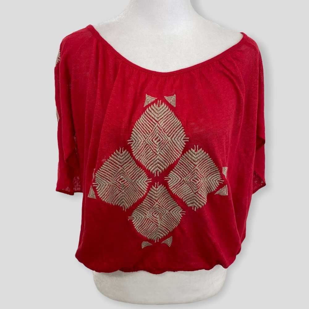 Free People Red + Tan Embroidered Open Back Cropped Top NWT